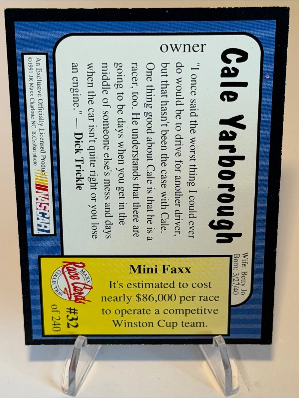 Nascar Cale Yarborough Card with Blue and Yellow Accents